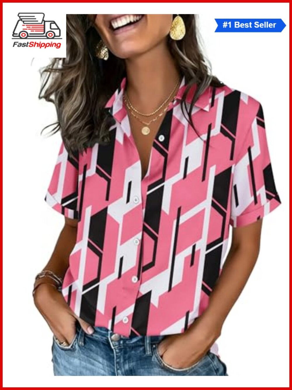 ✨Zeagoo Women Short Sleeve Button Down Blouse V-Neck Roll-Up Cuff